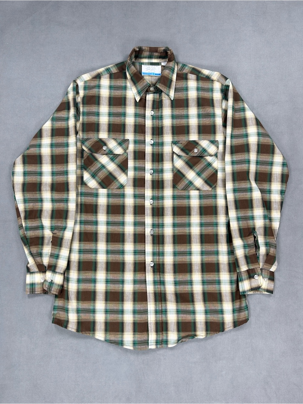 Vintage Sears Fieldmaster Button Up Shirt Mens Large Tall Plaid Green Brown 80’s